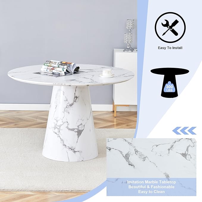 45 Inch Round Dining Table Set for 6, 7 Piece Kitchen Table and Chairs Set, White Faux Marble Table Top, Small Space Dining Set for Apartment or Dining Room