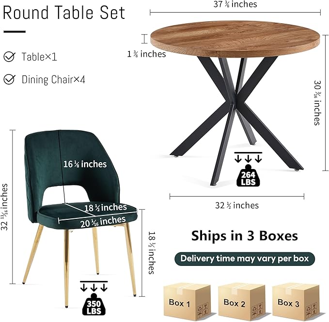 NORDICANA 5-Piece Dining Table Set for 4 - Space Saving 37-Inch Round Table and Chairs, 4 Seaters Dining Set with Upholstered Dining Chairs (Forest Green)