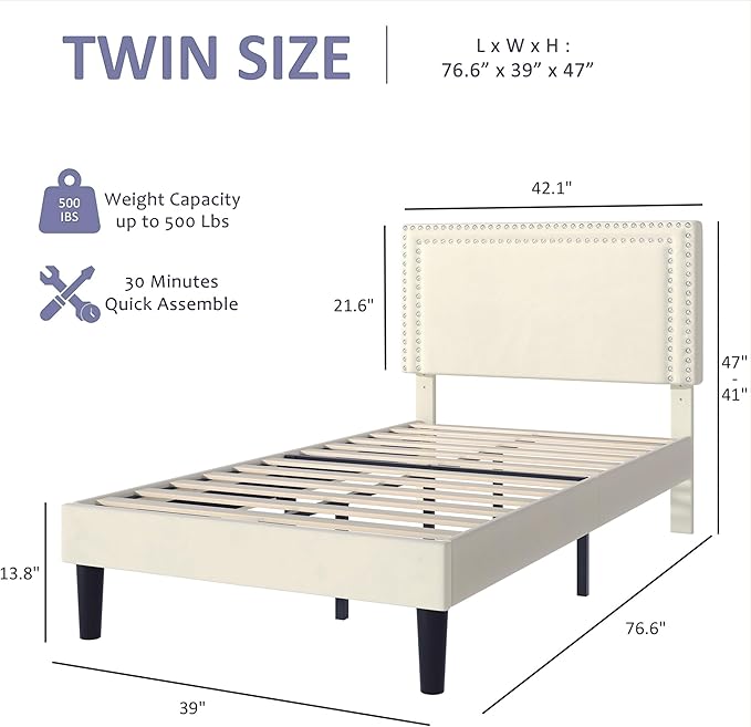 VECELO Twin Size Platform Bed Frame with Adjustable Upholstered Headboard, Strong Wood Slats Support, No Box Spring Needed, Easy Assembly
