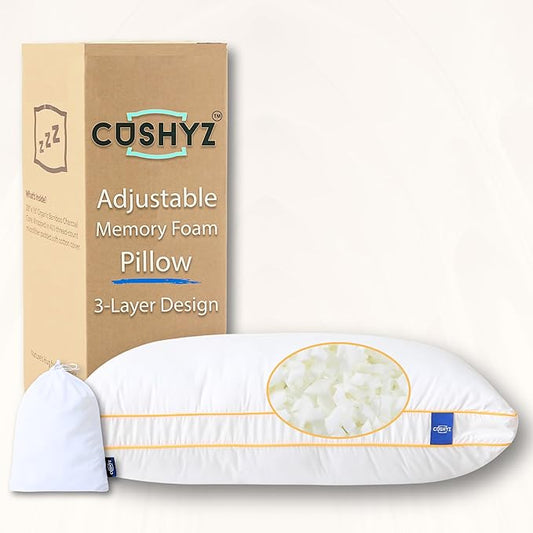 Adjustable Premium Memory Foam Pillow, Queen Size 30x18 inches, 400 TC Organic Cotton Cover with Down Alternative Plush Padding, Designed for Stomach, Back, & Side Sleepers