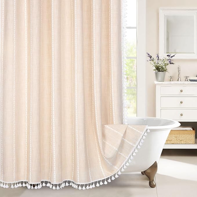 MitoVilla Boho Extra Long Shower Curtain 72 x 84, Beige 84 inch XL Polyester Linen Fabric Shower Curtain Set with Tassel for Vintage Country Farmhouse Bathroom Decor, Thick & Wrinkle Resistant, Cream