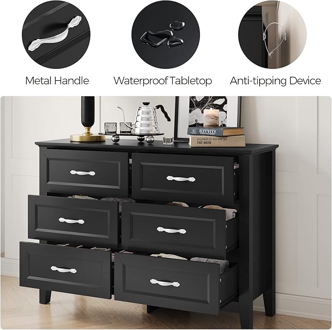 LINSY HOME Farmhouse 6 Drawers Dresser Chests for Bedroom, Wood Dresser Wide Chest of Drawers, Storage Dressers Organizer for Bedroom, Living Room,Hallway, SGS Certified