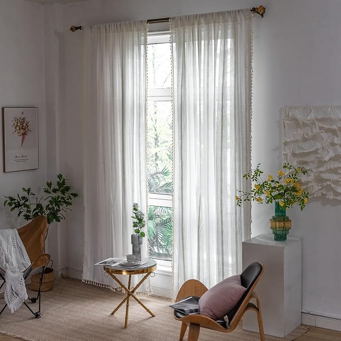 Boho Curtains for Bedroom Embroidery Striped Farmhouse 84 Inches Long 2 Pannels Set White Linen Light Filtering for Living Room Rod Pocket Drapes(52" W x 84" L,White)