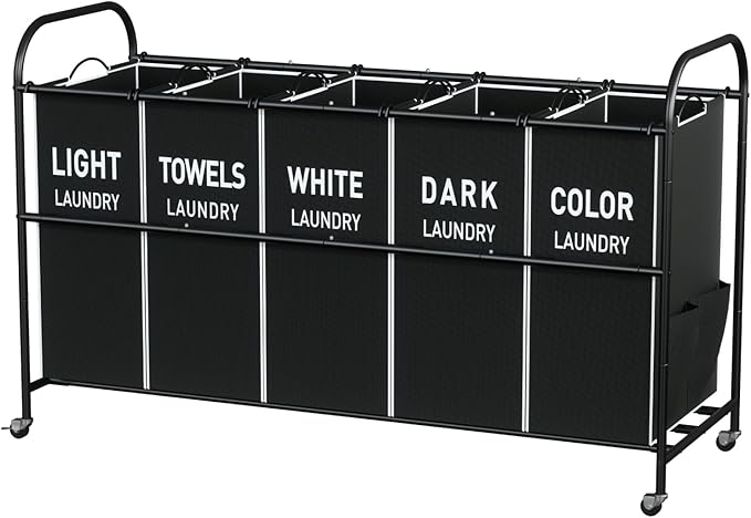 5-Section Laundry Sorter Cart, Large Laundry Hamper with Lockable Rolling Wheels, Versatile Storage Organizer with Removable Bags for Dirty Clothes, Black