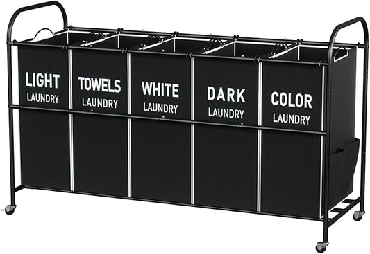 5-Section Laundry Sorter Cart, Large Laundry Hamper with Lockable Rolling Wheels, Versatile Storage Organizer with Removable Bags for Dirty Clothes, Black