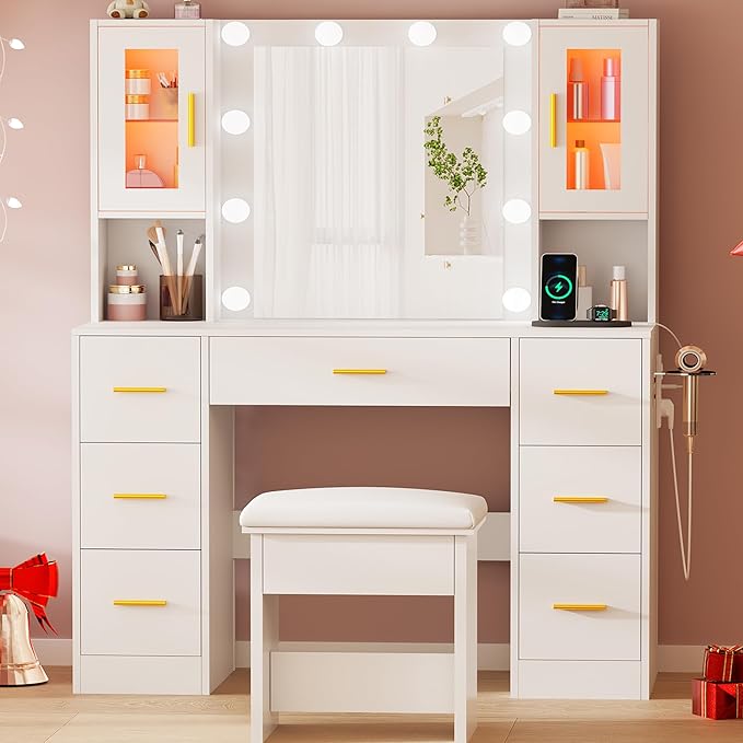 BEWISHOME Vanity Desk with Mirror and Lights,White Makeup Vanity Table with Power Outlet and Stool,Large Makeup Desk with 7 Drawers,Dressing Table for Bedroom Dressing Room FST38W