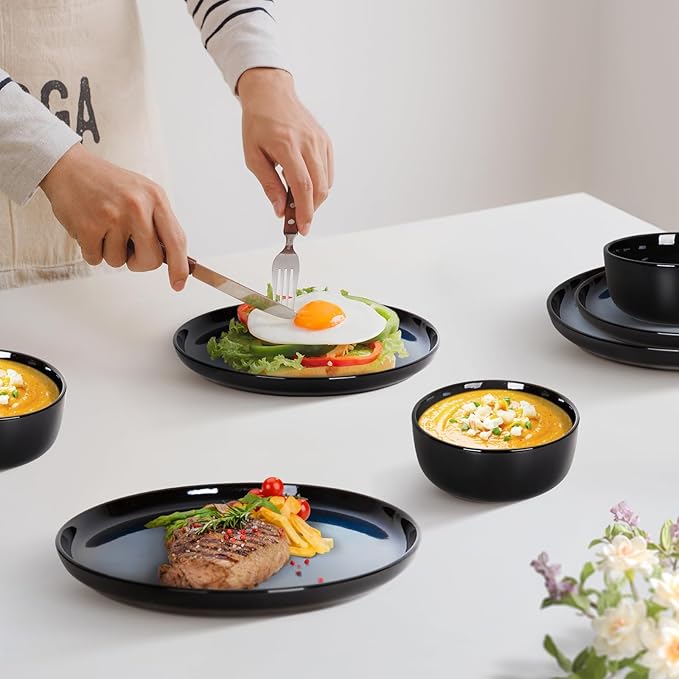 Romswi Ceramic 18Pcs Dinnerware Sets,Stoneware Plates and Bowls Set for 6, Chip & Scratch Resistant Dish Set, Handmade Reactive Glaze, Oven, Microwave & Dishwasher Safe, Dreamy Moonlight-Blue