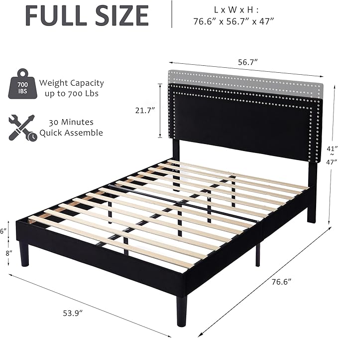 VECELO Full Size Bed Frame with Adjustable Upholstered Headboard, Wooden Slats Platform, Noise-Free Design, Easy Assembly