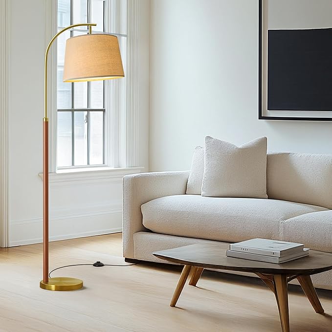 62.5" Gold Floor Lamp for Living Room Dimmable Standing Lamp with Remote & Foot Switch, 3 Color Temperatures Arc Tall Lamp Wood Mid Century Modern Floor Lamps for Bedroom Office, 9W Bulb Included