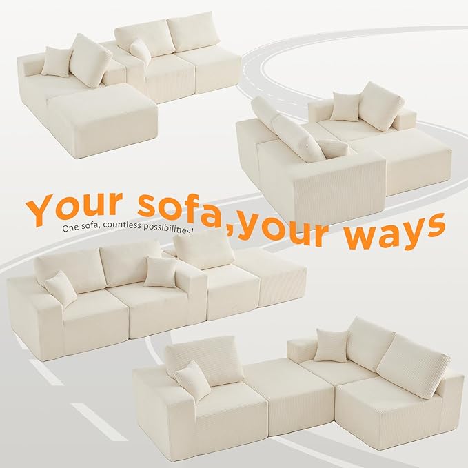 INGEROOM 108" Cloud Sectional Couch, Modular Sectional Sofa with L-Shaped Chaise, Modern Plush Corduroy Couch for Living Room Bedroom, No Assembly Required, Deep Seating（Beige）