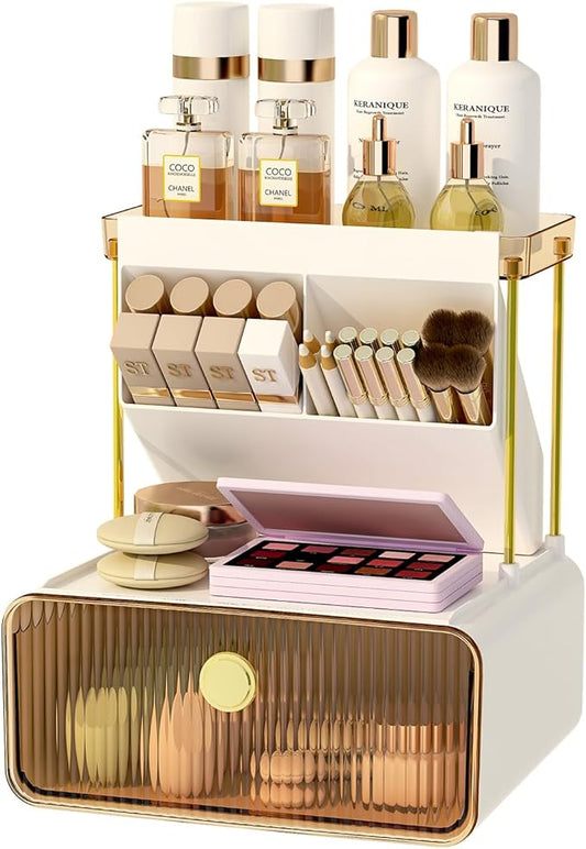 FOLLOWIN 3 Tiers Makeup Organizer with Drawer,Cosmetic Display with Lipsticks Brush Holder,Cosmetics and Beauty Supplies Organizers for Vanity,Dresser,Bathroom Desktop Countertop Organizer,Amber