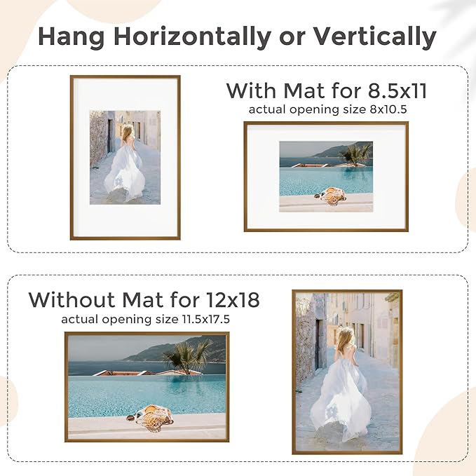 12x18 Metal Picture Frame for Wall With Mat for 8.5x11, 12''x18'' Aluminum Photo Frames With Tempered Glass for Home Decor, Minimalist Modern Poster Frame Horizontal And Vertical Formats, Bronze