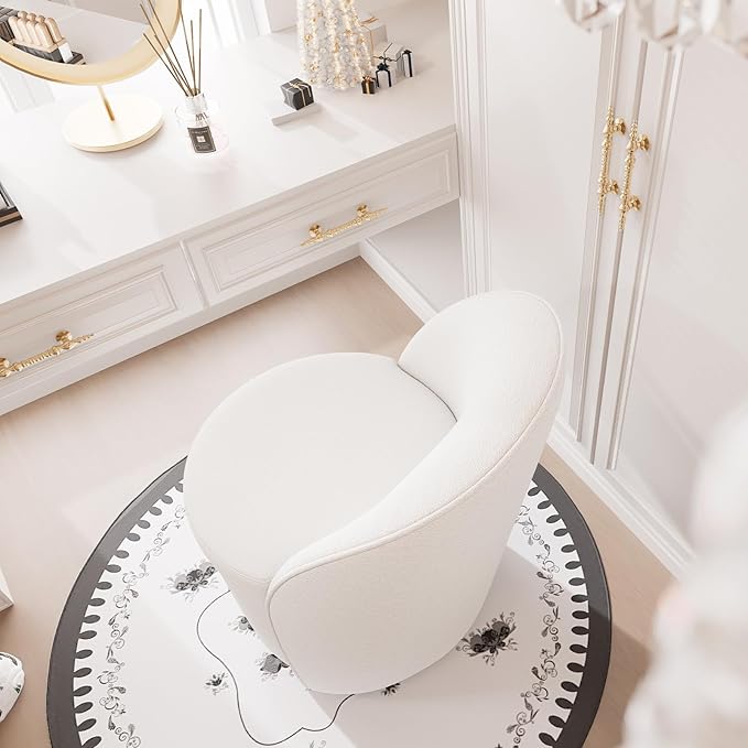 YOUNIKE Vanity Bench Boucle Fabric Beige Solid Wood Swivel Accent Chair with Backrest Easy Assembly Dressing Stool for Bedroom & Makeup Room