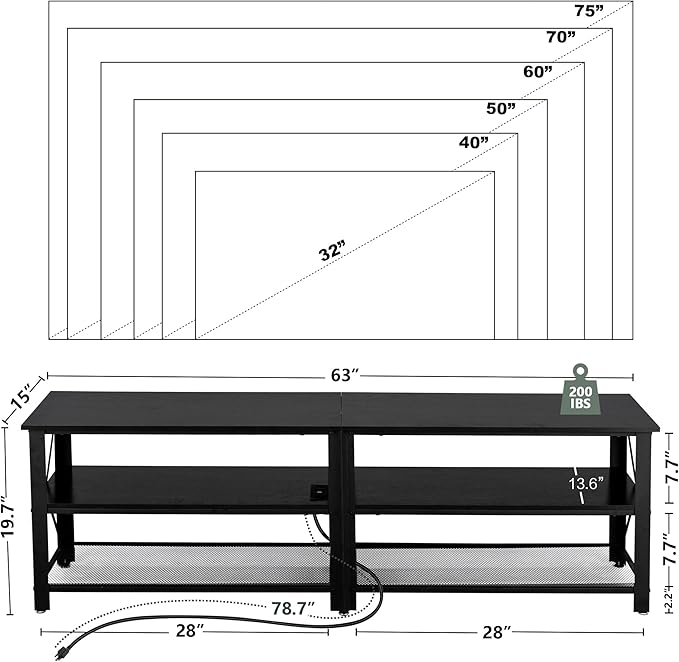 Clikuutory Modern Black 63 inch Metal TV Stand with LED Lights and Power Outlets for 40 50 55 60 65 70 Inch TVs, 3 Tier Television Stands with Entertainment Center and Storage for Living Room, Bedroom