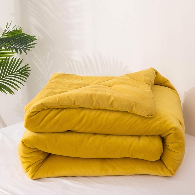 Cottonight Mustard Yellow Velvet Comforter Set Queen Plush Flannel Fluffy Yellow Bedding Comforter Set Micromink Sherpa Warm Heavyweight Winter Comforter for Women Men Adults Teens