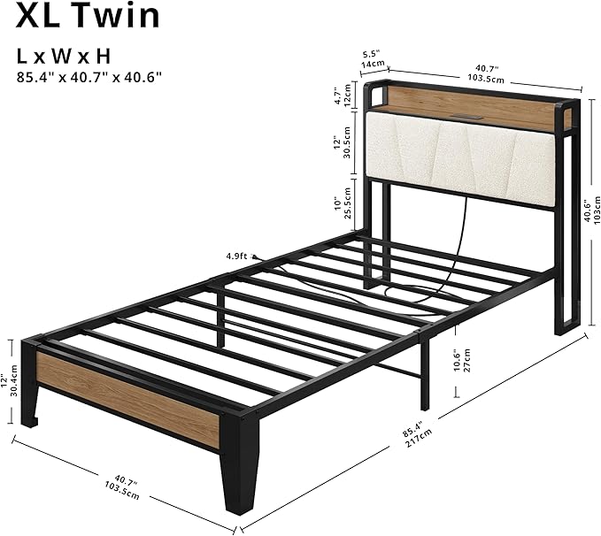 LIKIMIO Twin XL Bed Frames, Storage Headboard with Charging Station, Solid and Stable, Noise Free, No Box Spring Needed, Easy Assembly, Wood and Cream
