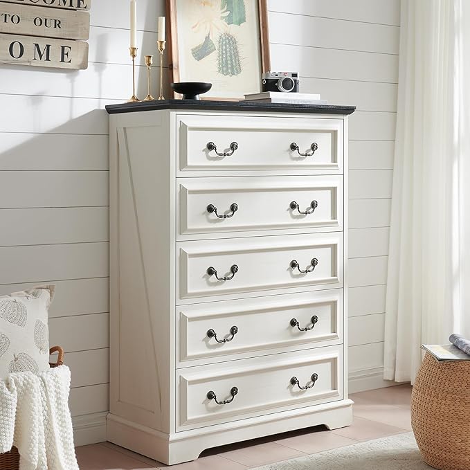 Farmhouse 5 Drawers Dresser for Bedroom, 46" Tall Modern Chest of Drawers with Metal Handle, Rustic Dresser TV Stand, Wood Drawer Organizer for Bedroom, Living Room, Hallway (White)
