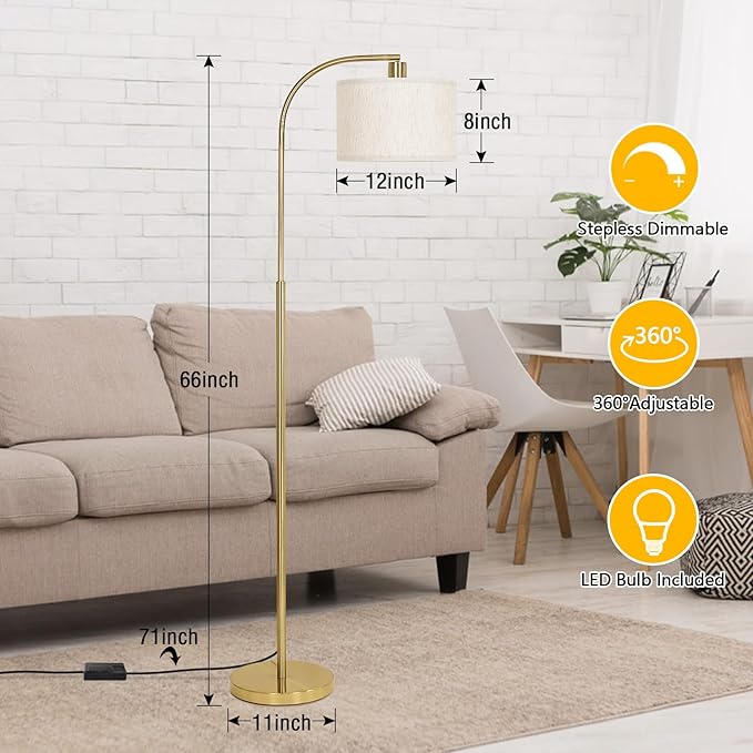 Boncoo LED Floor Lamp Fully Dimmable Modern Standing Lamp Arc Floor Lamp with Adjustable Drum Shade, Tall Pole Reading Lamp Light for Living Room Bedroom Study Room, Bulb Included