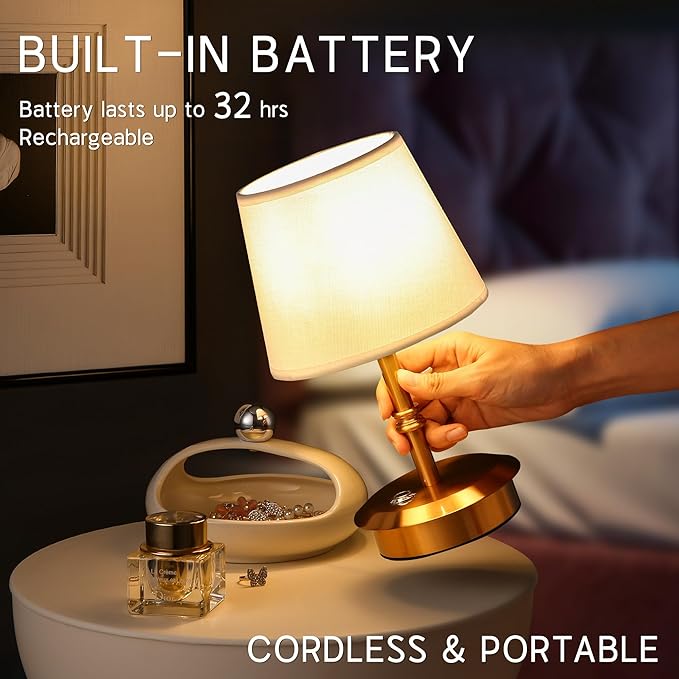 Mini – Cordless LED Table Lamp with Dimmer, Built-in Rechargeable Battery, 3-Level Brightness, Patio Table Lamp, Bedside Night Lamp, Ambient Light for Restaurant(Antique Brass)