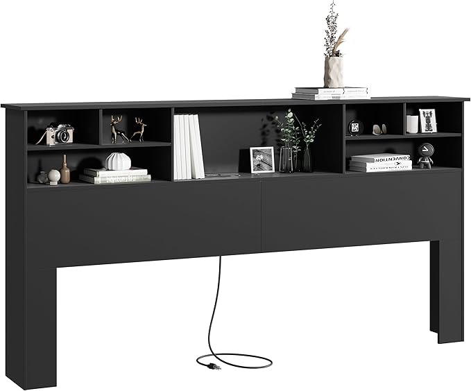 King Size Headboard only for Bedroom, Stylish King Bookcase Headboard with Built-in Charging Station & 2 LED Lights, Noise-Free Wood HeadBoard with Storage, Bookshelf Headboards Black