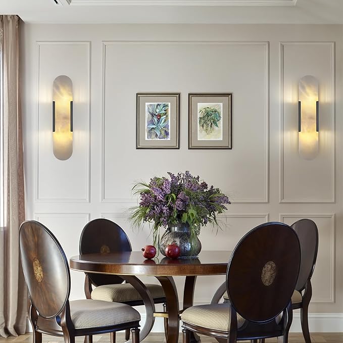 19.7 in Matte Black Alabaster Wall Sconces, Natural Marble Wall Sconces Indoor Alabaster Sconces for Living Room Modern Alabaster Sconces Wall Lighting for Dining Room Stairs Bedroom