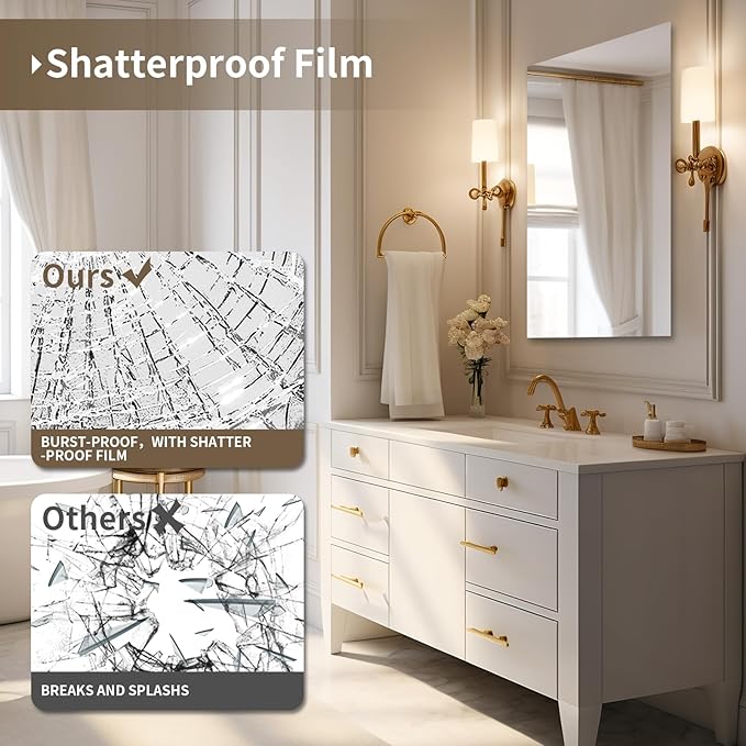 Mirrorons Large Vanity Mirror 60" x 28", Bathroom Vanity Mirror with Frameless Polished Edge, Hangs Horizontally or Vertically. Upgraded Shatterproof Bathroom Mirrors for Wall.