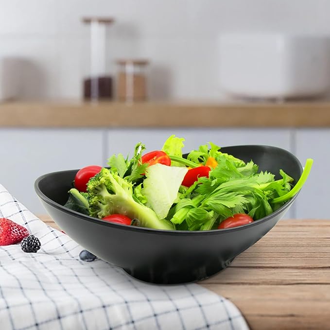 Oval Salad Bowls 34oz, Bamboo Fiber Serving Bowls Set of 6, 8.8" Large Bowls for Kitchen Eating & Restaurant, Deep Soup Bowls Set for Salad, Fruit,Pasta,Vegetable, Ramen, Dishwasher Safe, Black