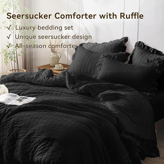 JOLLYVOGUE Black Queen Comforter Set, 3 Pieces Seersucker Comforters Queen Size, Lightweight & Fluffy Bedding Sets Queen for All Season with 1 Ruffle Comforter and 2 Ruffle Pillowshams