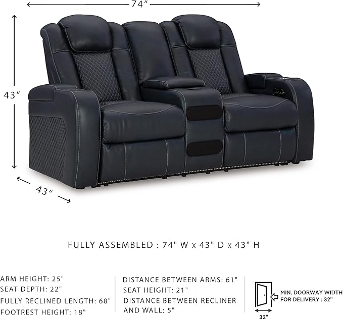 Signature Design by Ashley Fyne-Dyme Contemporary Power Reclining Loveseat with Console, USB Charging Ports and Adjustable Headrest, Blue