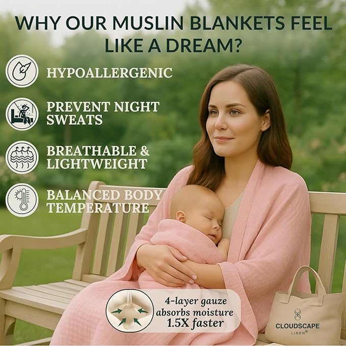 Extra Large 4 Layer Muslin Throw Blanket, 100% Cotton Blanket for Couch, Bed,Sofa, Home Decor,Pre-Washed Gauze, Best Summer Blanket, 50x70, Seashell Pink