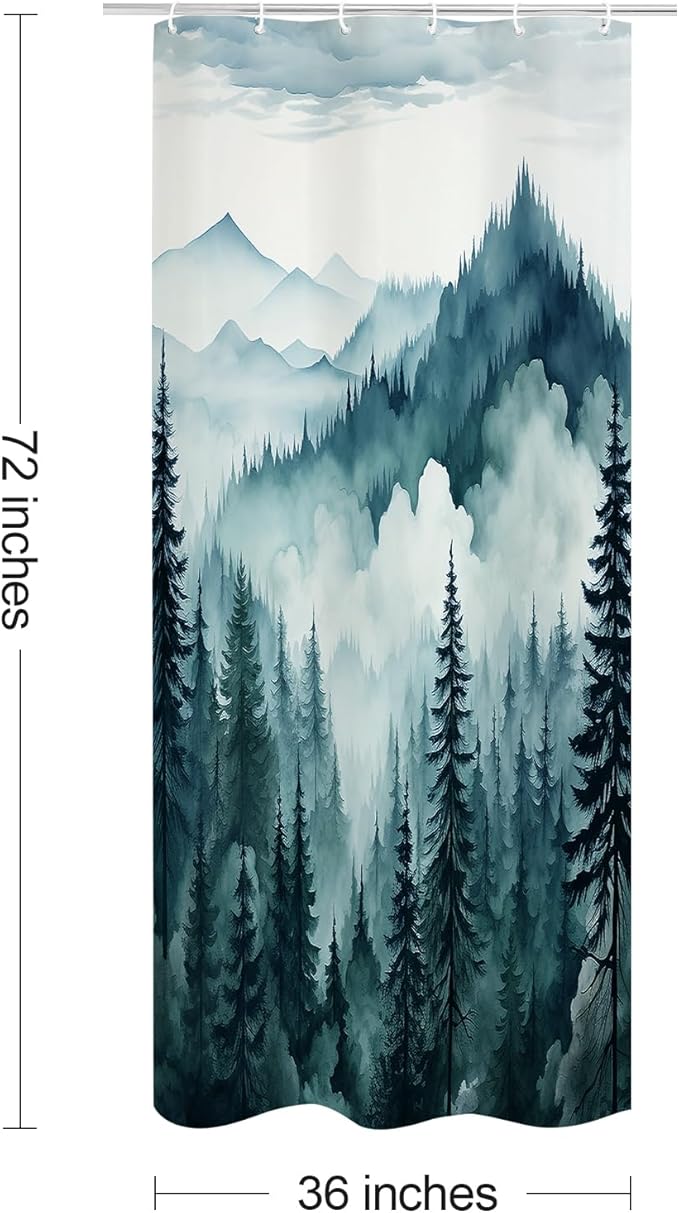 Peacock Blue Small Stall Misty Pine Forest Shower Curtain 36 x 72, Mountain Foggy Woodland Scenery Tree Narrow Half Size Shower Curtains for Bathroom, Abstract Waterproof Nature-Themed Decor