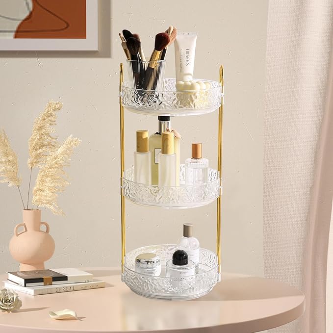 Fangoo 3 Tiers Clear Rotating Makeup Organizer for Vanity, 360 Spinning Skincare Organizers for Dresser Perfume Holder Large Skincare Make Up Storage Cosmetic Organizer for Bathroom Countertop