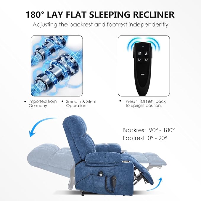 Oversized Recliner with Massage and Heating, Power Lift Chairs for Elderly, Extra Wide Recliner Chair for Living Room with Cup Holders, Dual Motor, Chenille Fabric - Dark Blue