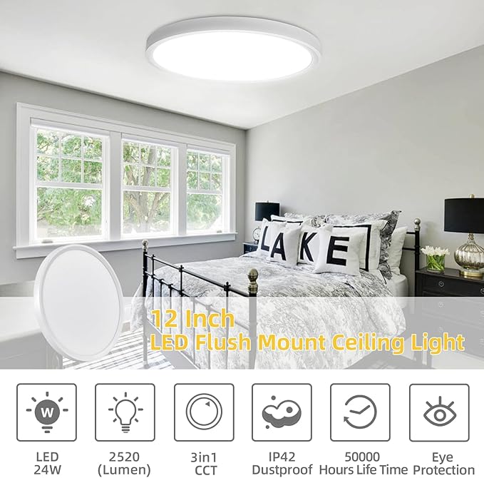 6 Pack 12 Inch Ultra-Slim Low Profile LED Ceiling Light, 3 Color Selectable Round Flat Ceiling Light for Room Hallway Bathroom, White