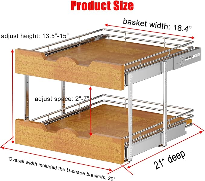 DINDON 2 Tier Pull Out Cabinet Organizer (20" W x 21" D) Slide Out Wood Shelf Double Tier Kitchen Wire Basket with Chrome Finish…