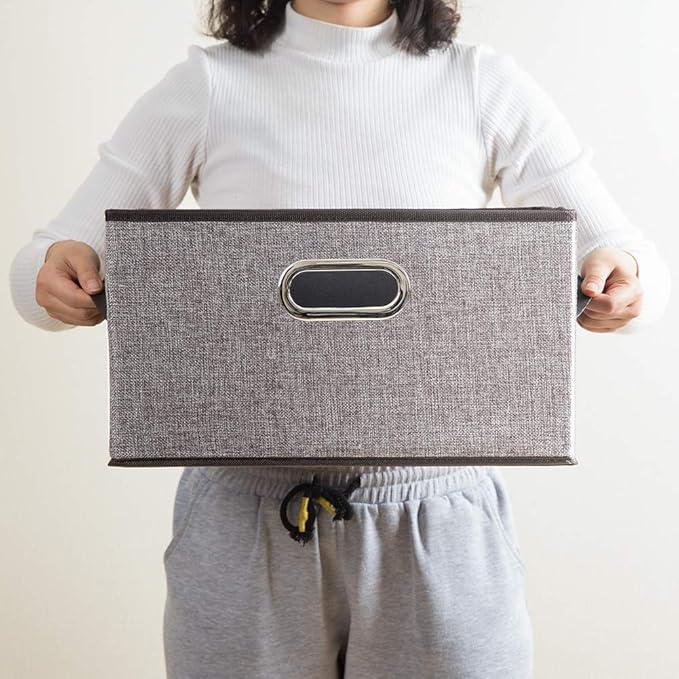 PRANDOM Large Foldable Storage Bins for Shelves [3-pack] Decorative Linen Fabric Storage Baskets Cubes with Leather/Metal Handles for Closet Nursery Office Grey and Black Trim (14.9x9.8x8.3 Inch)