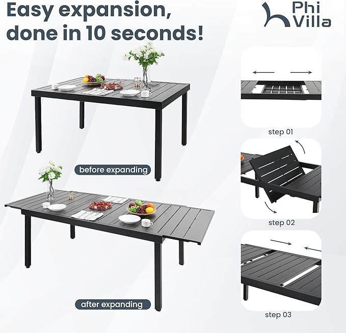 PHI VILLA 7 Piece Outdoor Dining Set, Patio Table and Chair Set with Expandable Metal Steel Table & Extra Large High Back Armrest Dining Chairs for Patio, Deck, Yard