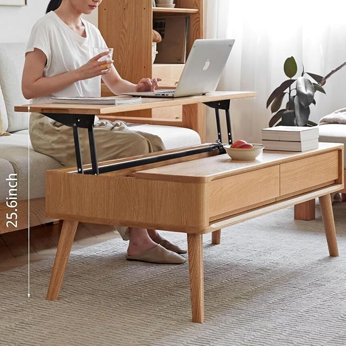 Lift Top Coffee Table, 100% Solid Oak Wood Log Color Coffee Table with Drawers and Hidden Compartments, Rectangular Coffee Tables with Storage for Living Room Home Decor (39.37" L)