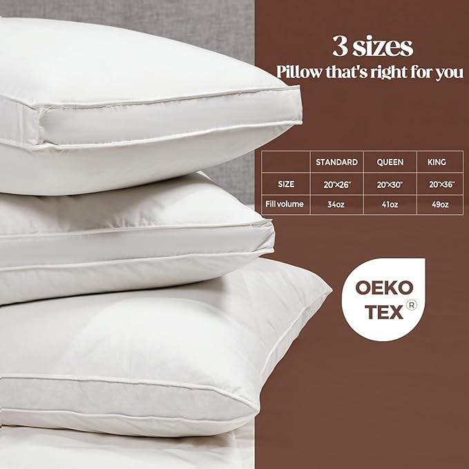 Goose Feathers and Down Pillows, Pillows Queen Size Set of 2, Cotton Cover,Gusseted Hotel Collection Bed Pillow for Back, Stomach or Side Sleepers