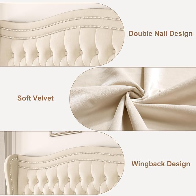 Full Bed Frame with Tall Headboard & Footboard, Velvet Upholstered Platform Bed Frame with Deep Button Tufted Wingback, No Box Spring Needed, Noise Free, Beige