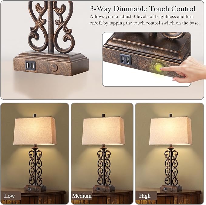 25" Farmhouse Touch Table Lamps for Living Room, 3 Way Dimmable Dual USB Ports, Vintage Rustic Bedside Table Lamp for Bedroom Bedside End Table, LED Bulbs Included