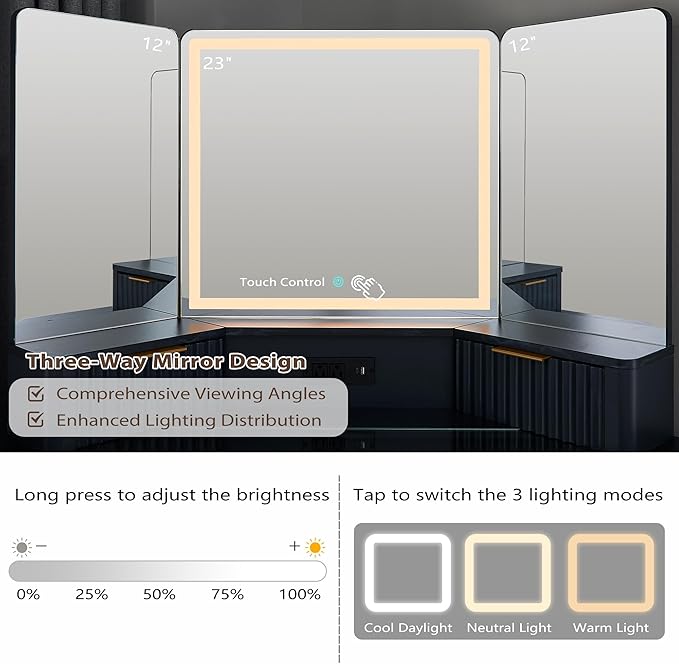 T4TREAM Fluted Makeup Vanity Desk with 3 Way Mirror and Lights, 48" Large Corner Vanity Table with Glass Top, Charging Station, 3 Drawers, Storage Cabinets & Shelves, for Bedroom, Dark Grey