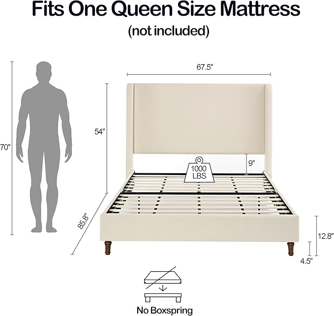 GDFStudio Tall Headboard Upholstered Bed,Queen Size Platform Bed Frame with Headboard Wingback,54" High No Box Spring Needed Easy Assembly Elegant Simplicity Ivory Boucle