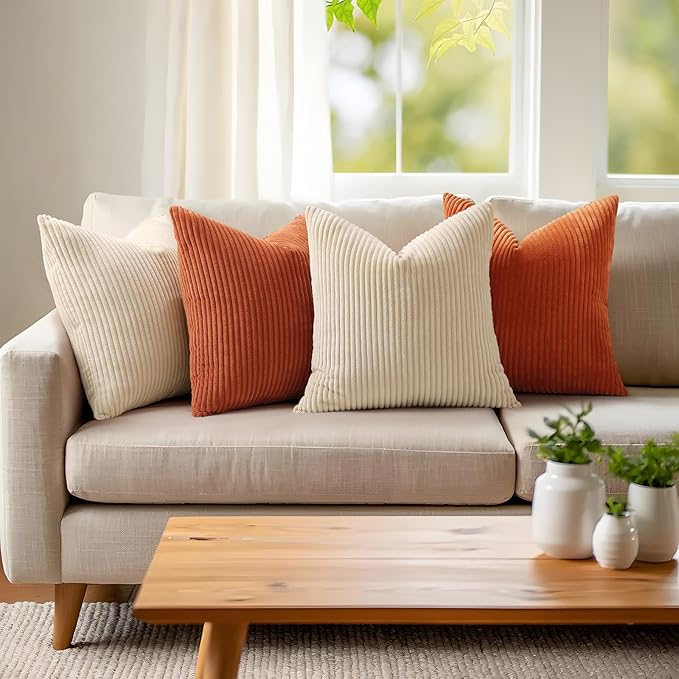 Mecatny Corduroy Decorative Fall Throw Pillow Covers 18x18 Set of 2 for Sofa Living Room, Soft Burnt Orange Neutral Boho Couch Pillow Covers for Home Decor, Rust