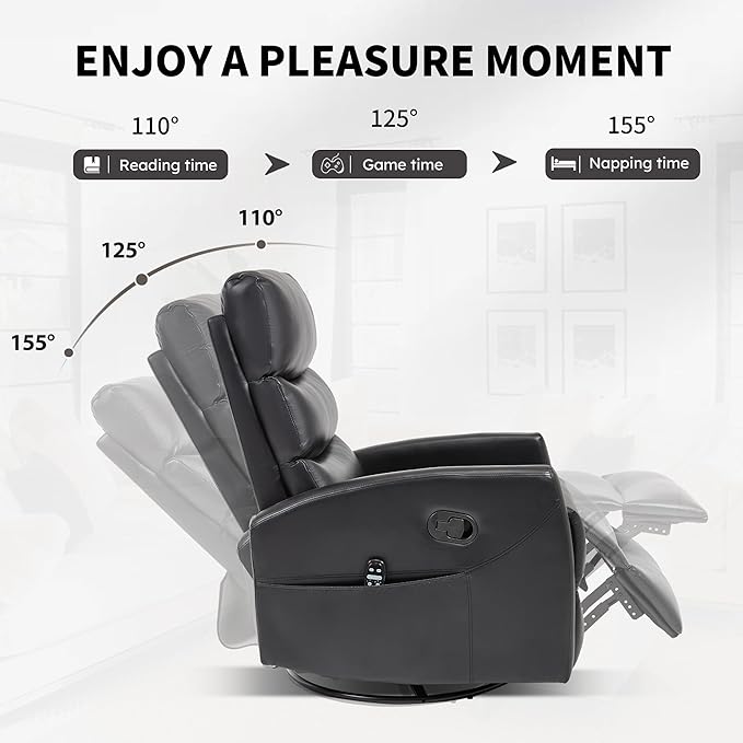 PELUMY Massage Recliner Chair with Heat - Manual Rocker Swivel Recliner, 360° Rotation & 155° Recline for Living Room（Breathable Leather, Black）
