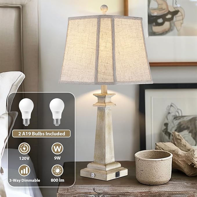 27.5" Table Lamps Set of 2, 3-Way Dimmable Touch Lamps for Nightstand, Farmhouse Table Lamp for Living Room and Bedroom with USB A+C Charging Ports, Bulbs Included (Antique White)