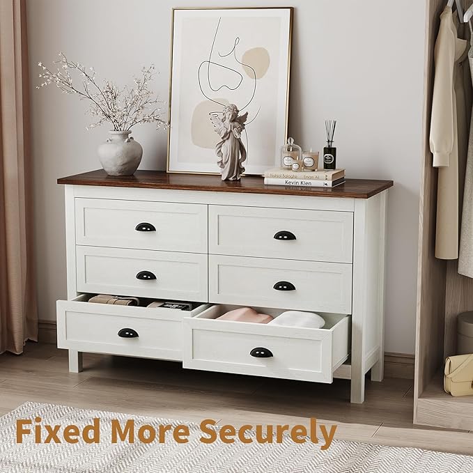 Farmhouse White Dresser for Bedroom, Modern 6 Drawer Double Dresser for Bedroom with Vintage Black Handle, Wide Wood Dressers & Chests of Drawers, 6 Drawer Dressers for Hallway, Antique White