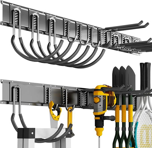 Shed Tool Organizer Wall Mount, 64inch Heavy Duty Garden Tool organizer Storage System, Easy Install With 10 Adjustable Hooks, For Garage, Basement, Shed, Workshop(Black)