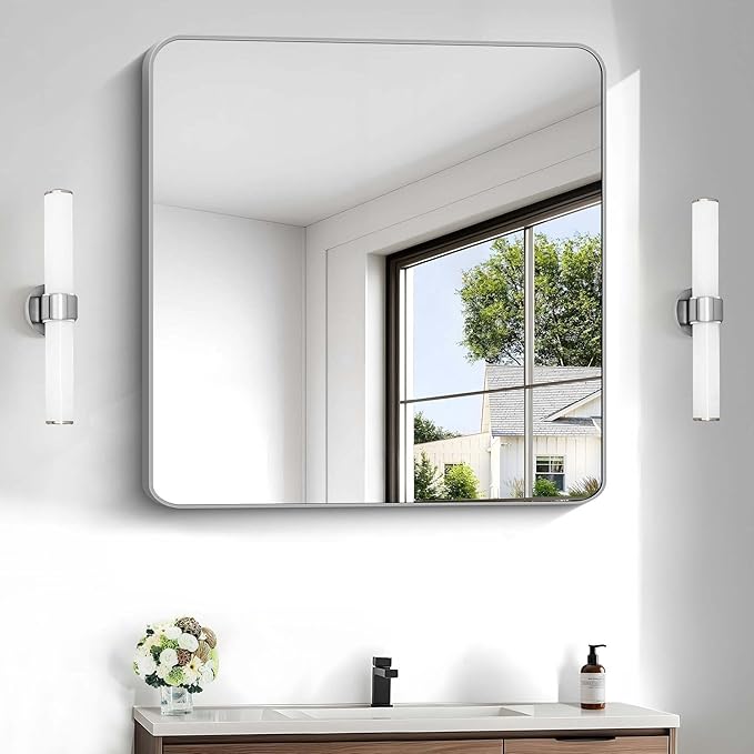 Silver Bathroom Mirror, 30 x 30 Inch Silver Square Mirror, Metal Framed Rectangular Vanity Mirror, Rounded Corner Wall Mounted Mirror for Living Room Bedroom Entryway Hangs Horizontal/Vertical