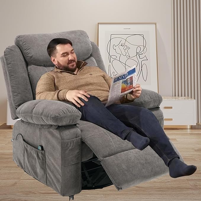 Rocker Recliner Chair with Massage and Heat, Overstuffed Swivel Recliners, Oversized Fabric Recliners Singl Sofa Manual Reclining Home Theater Lounge Chairs for Living Room Adults, Grey